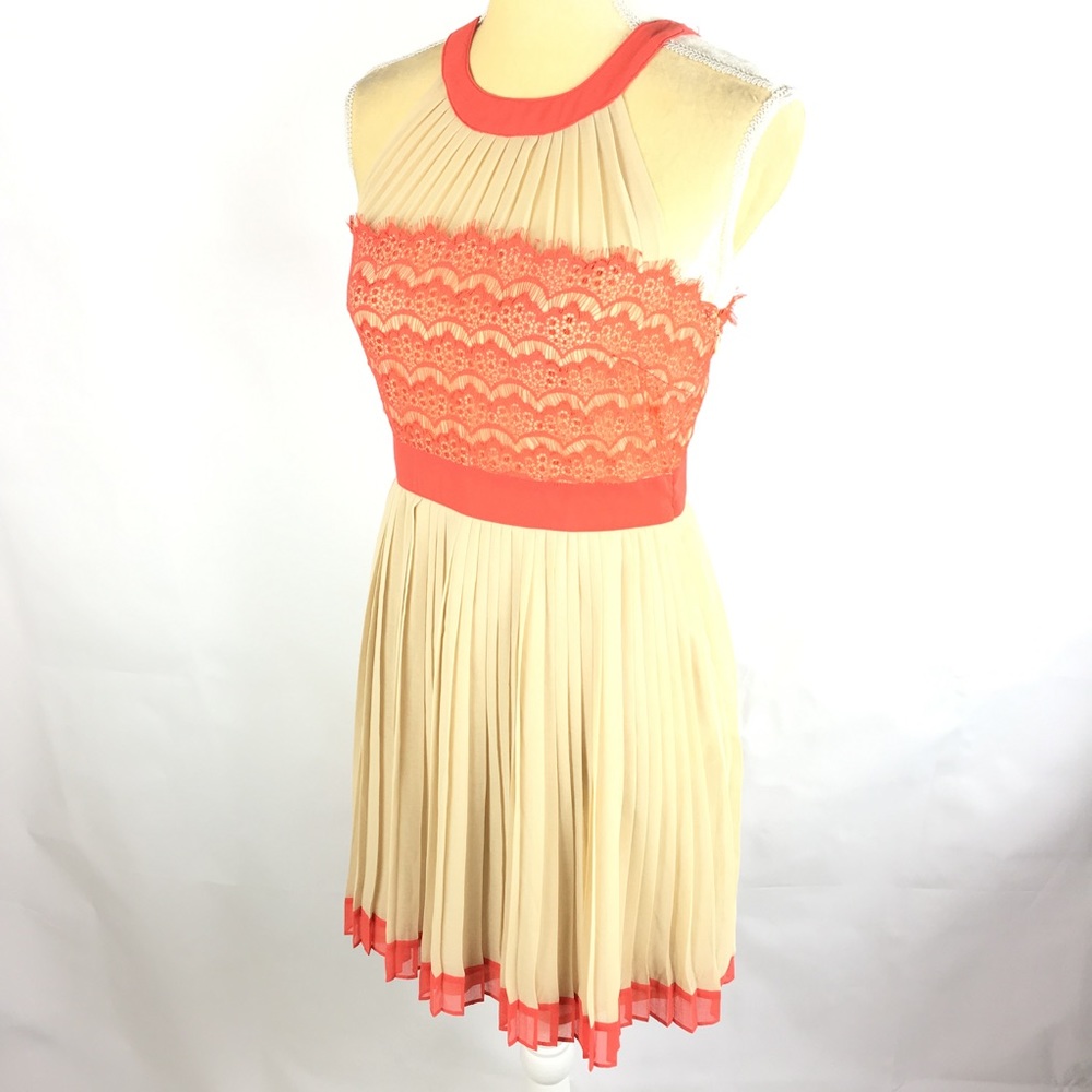 Beige Orange Pleated Halter Lined Dress